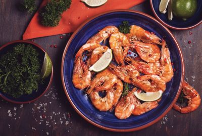 High angle view of seafood in plate on table