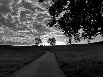 Empty road amidst trees on field against sky