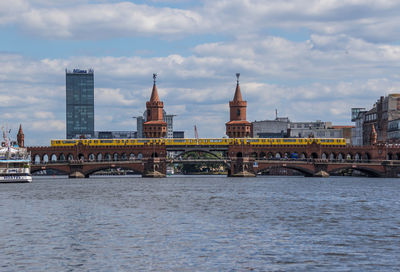 Bridge over river with buildings in background