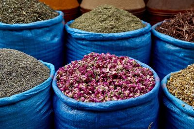 Close-up of various spices for sale in market