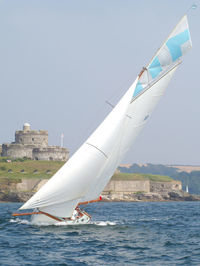 Low angle view of boats in sea against clear sky