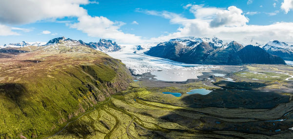 Aerial panoramic view of the skaftafell glacier, iceland