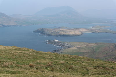 Scenic view of sea and mountains against sky