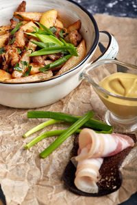 High angle view of meat in bowl on table