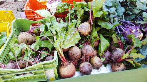 High angle view of vegetables for sale in market