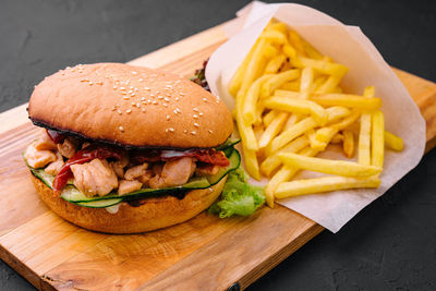 Close-up of burger on cutting board