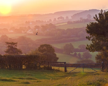 Scenic view of field and mountains against sky during sunset