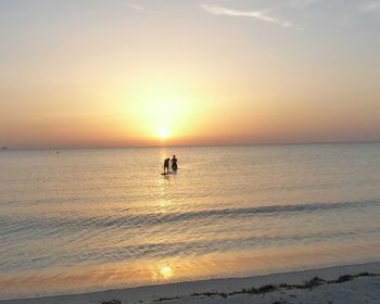 Silhouette people paddleboarding on sea against sky during sunset