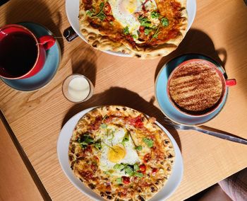 High angle view of breakfast served on table