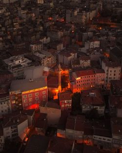 High angle view of illuminated buildings in city