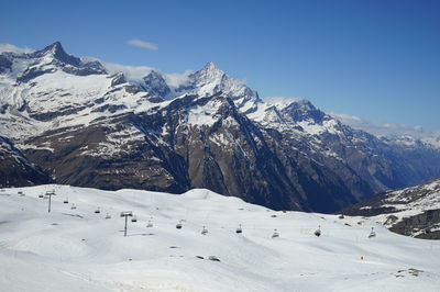 Scenic view of snowcapped mountains against clear sky