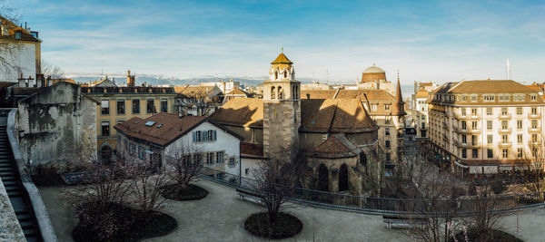 Wide angle view from the old town of geneva, switzerland.