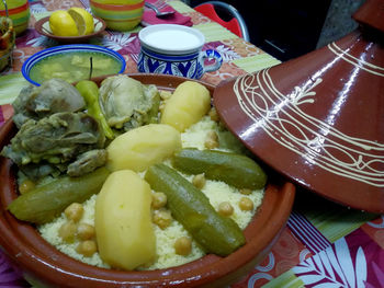 High angle view of food in plate on table