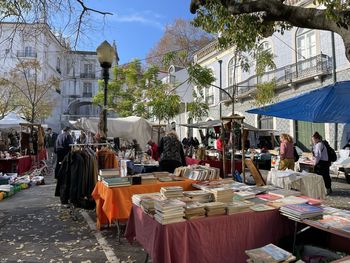 High angle view of people at market