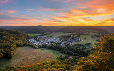 High angle view of townscape against sky during sunset