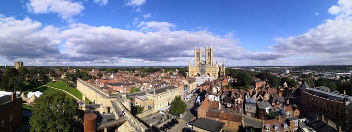 High angle shot of townscape against sky