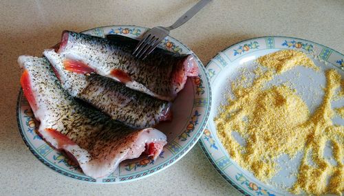 High angle view of breakfast served in plate