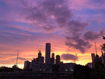 Buildings in city during sunset
