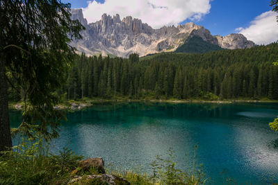 Scenic view of lake and mountains against sky