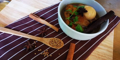 High angle view of food in bowl on table