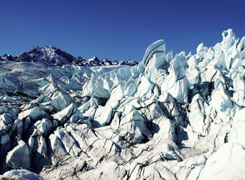 Snow covered landscape against clear blue sky