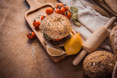 High angle view of breakfast on table