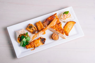 High angle view of food served on table