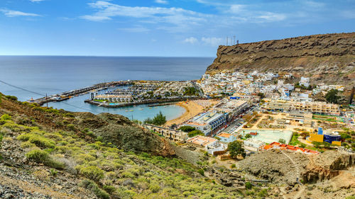 High angle view of cliff by sea against sky