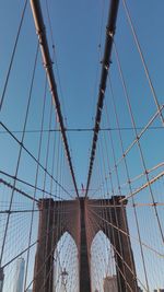 Low angle view of brooklyn bridge against clear blue sky
