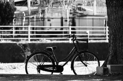 Bicycle parked on pavement by tree. 