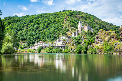 Scenic view of lake by building against sky