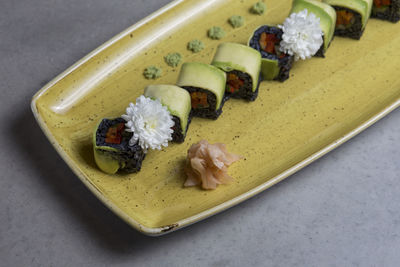 High angle view of sushi in plate on table