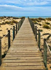 Wooden boardwalk leading towards sea against sky