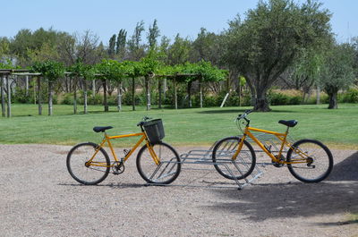 Bicycles parked on field against sky