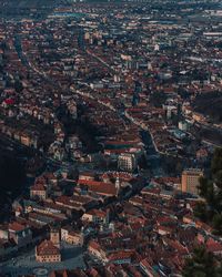 High angle view of illuminated buildings in city