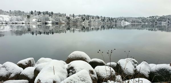 Panoramic view of lake against sky during winter