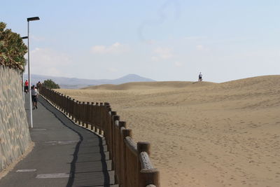 Rear view of man walking on sand at beach against sky during sunny day