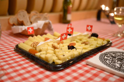 Close-up of food served on table