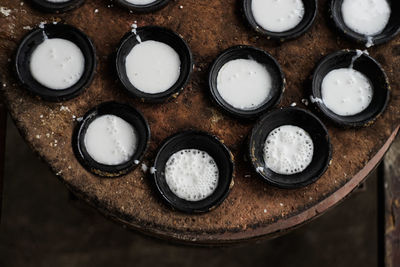 High angle view of coins on table