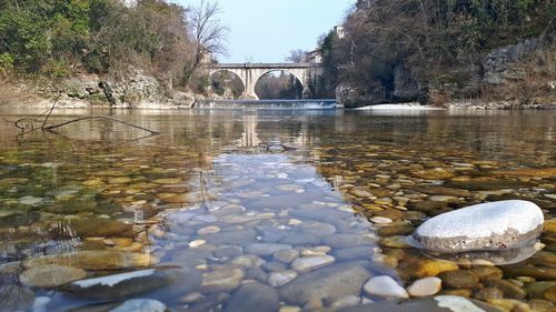 Surface level of arch bridge over river against sky