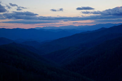 Scenic view of mountains against sky at sunset