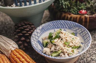 High angle view of salad in bowl on table