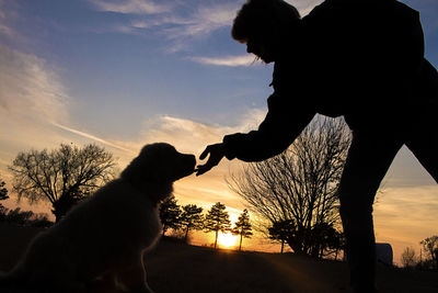 Silhouette man with dog against sky during sunset