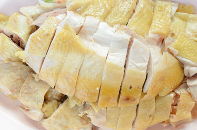 Close-up of boiled chicken in plate