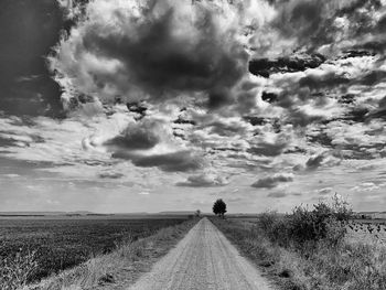 People on road amidst field against sky