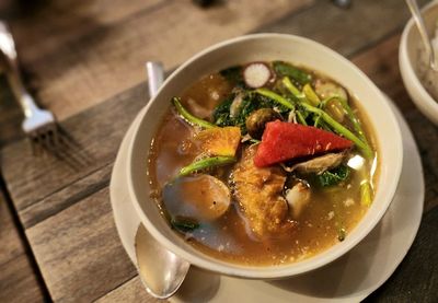 High angle view of soup in bowl on table