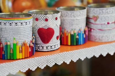 Close-up of multi colored candies on table