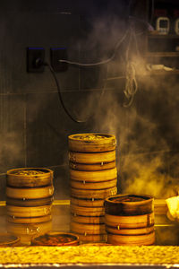 Food being cooked in bamboo steamers