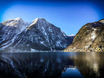 Scenic view of lake and snowcapped mountains against sky