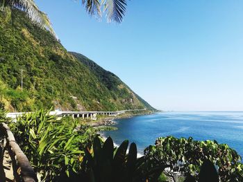 Scenic view of sea against clear blue sky